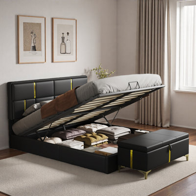 Ensemble de chambre à coucher 2 pièces avec lit plateforme tapissier et repose-pieds avec rangement