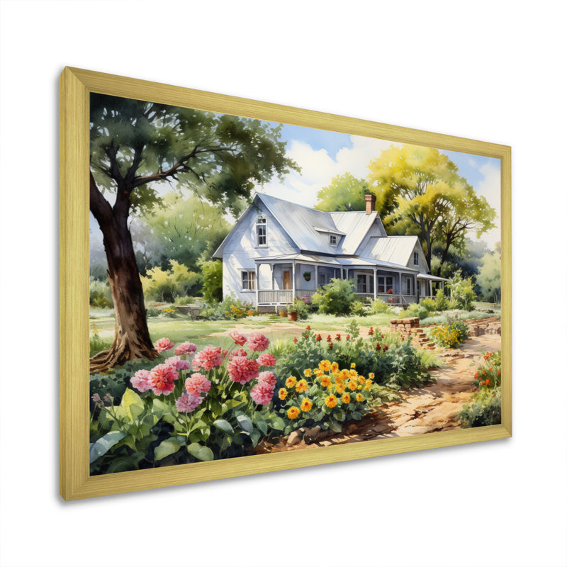 Farmhouse Frontyard Oasis I - Décoration murale de ferme, H 24 po x l 32 po x P 1 po, Cadre doré simple