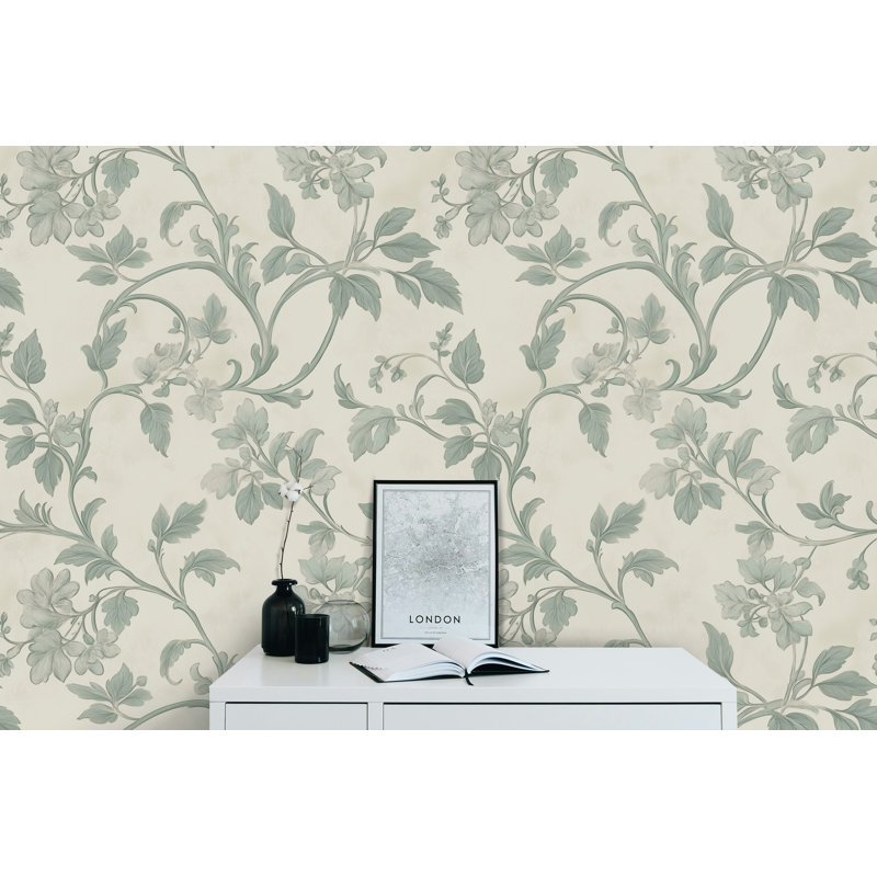Elegant Sage Floral Scroll Wallpaper Vintage Botanical Pattern Classic Victorian Style Mural