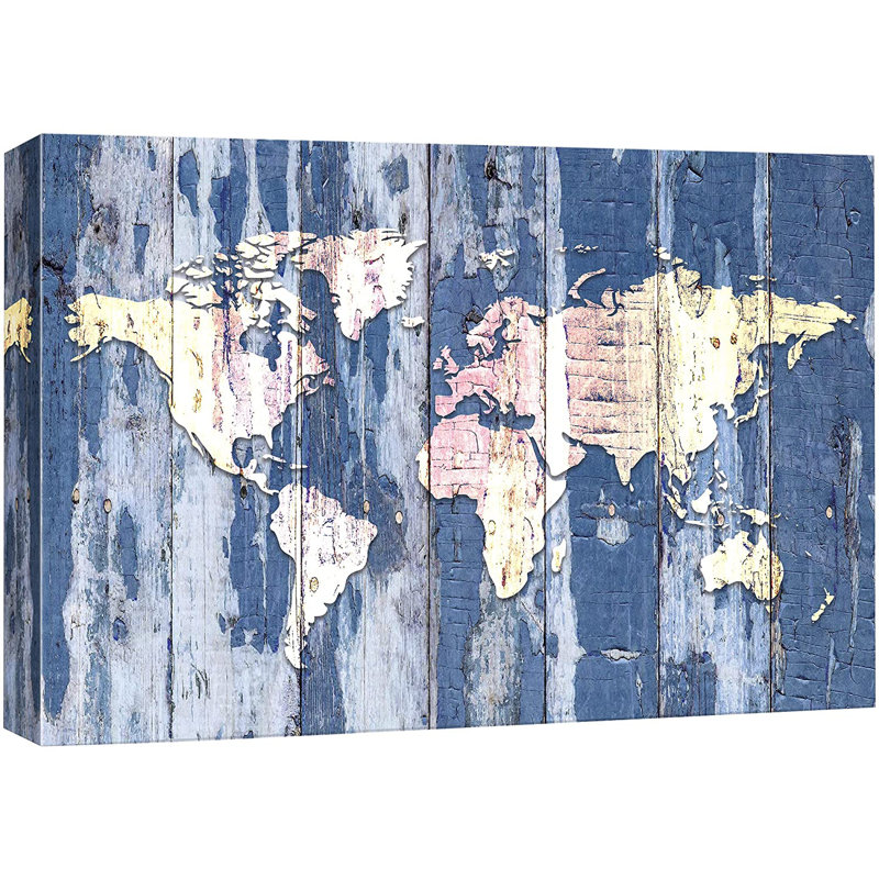 Carte du monde sur des panneaux de bois bleu délavé - impression sur toile tendue, H 12 po x l 18 po x P 1,5 po