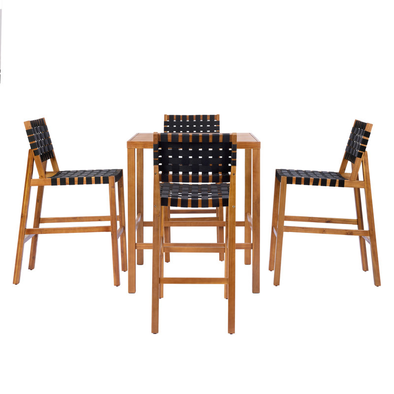 Ensemble repas 5 pièces à hauteur de bar en bois d'acacia avec corde tissée Malibu, Corde noire / teck