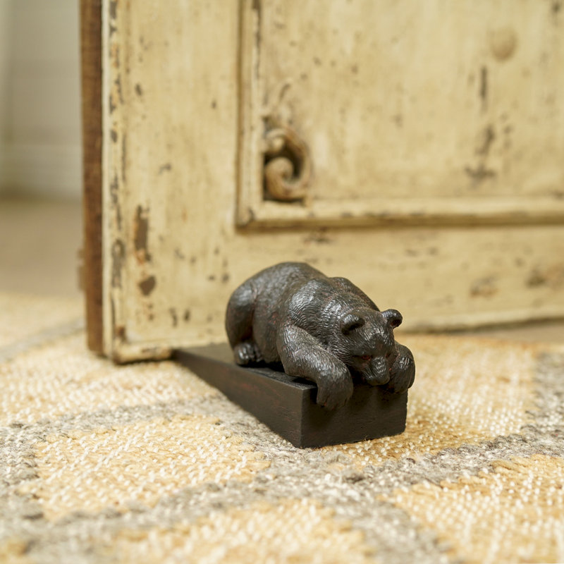 Rustic Overlooking Grizzly Bear Wood And Resin Wedge Floor Stop Figurine