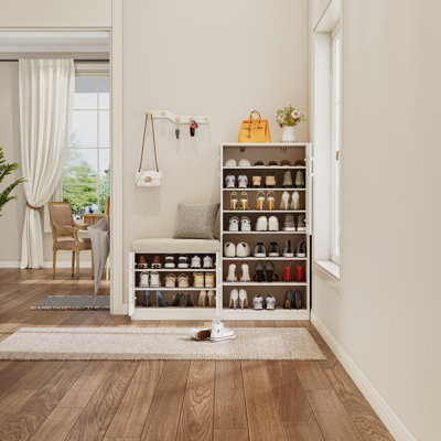 Banc de rangement multifonctionnel pour chaussures avec 7 + 3 compartiments de rangement et plateau à couches réglable