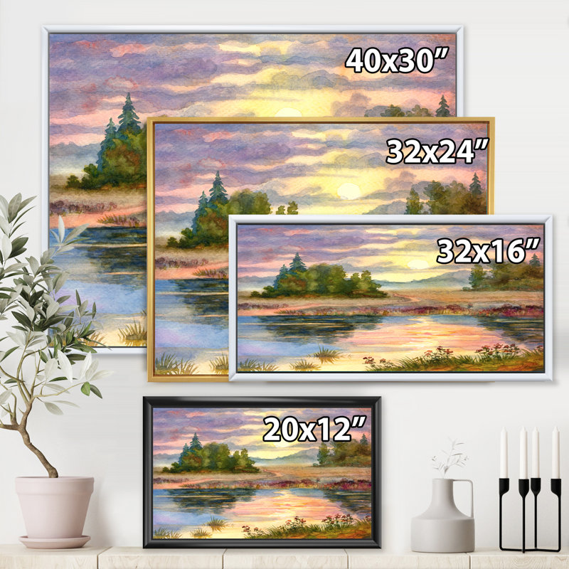 Coucher de soleil sur le lac I - peinture sur toile, H 30 po x l 40 po x p 1 po, Toile avec cadre noir