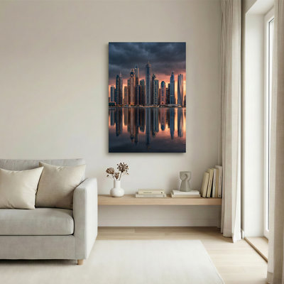 Dubai Skyline Reflected in Water at Sunset Canvas Wall Art