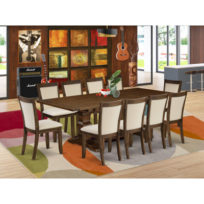 L'ensemble de table de cuisine 11 pièces comprend une table de salle à manger rectangulaire avec rallonge amovible et 10 chaises rembourrées en tissu de lin beige clair, noyer antique