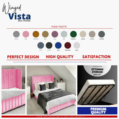 Vista Wingback Ottoman Storage Bed - Plush Velvet Gas Lift Bed Frame with Headboard