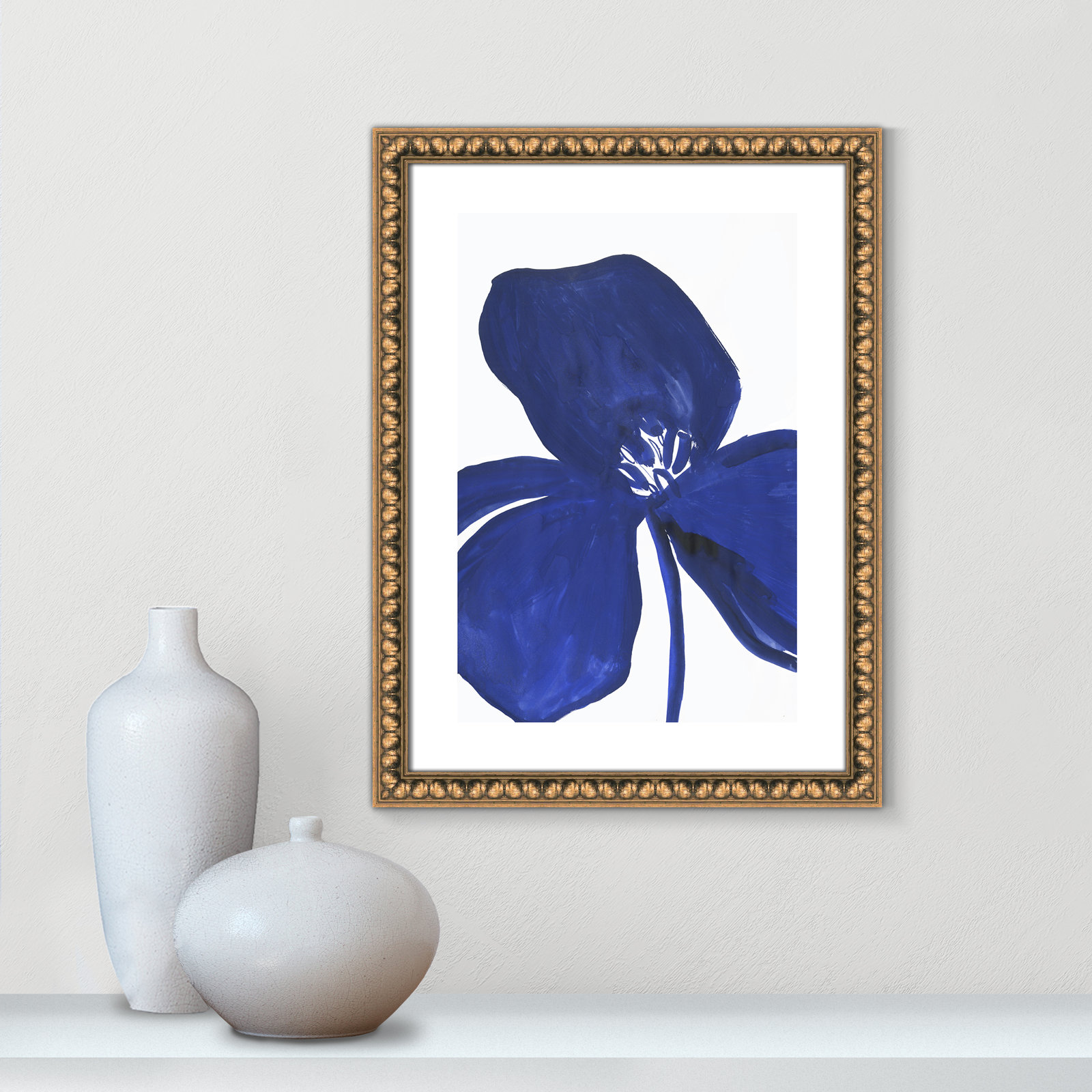 Clarisse "Indigo Petal II" Painting, 24" H x 18" W x 1.13" D, Gold Bead Framed Paper