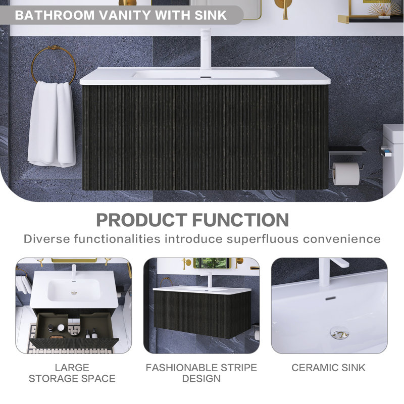 36 po Meuble-lavabo mural élégant avec lavabo en céramique, Noir, noir, noir, noir