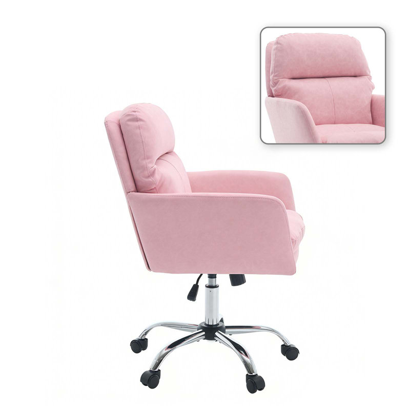Modern Upholstered Office Chair with Adjustable Height, PU Leather Swivel Desk Chair for Home Office, Bedroom or Vanity, Pink