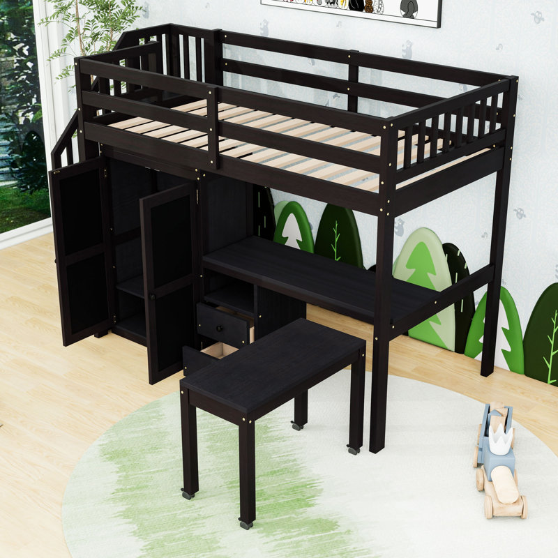 Wooden Loft Bed With Built-In-Desk And Stairs, Twin, Espresso
