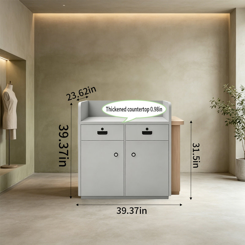 Bureau de réception et de réception peu encombrant avec rangement verrouillable sécuritaire et système de glissières silencieuses, bord en forme d'arc pour la sécurité, utilisation polyvalente dans les magasins, les cabinets ou les kiosques d'événements
