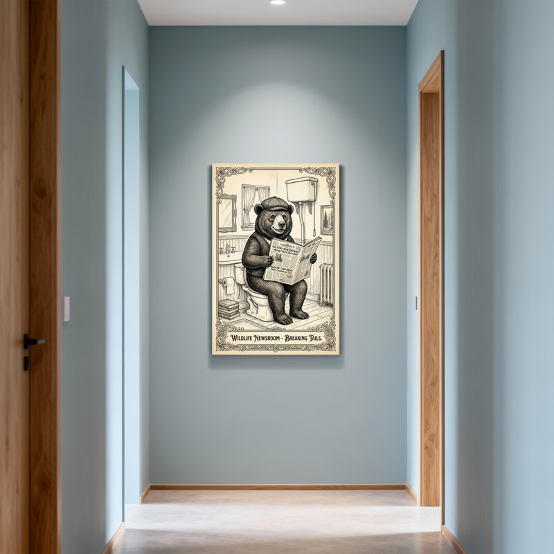 Bath & Laundry Bear lisant un journal dans une scène de salle de bain, H 40 po x l 28 po