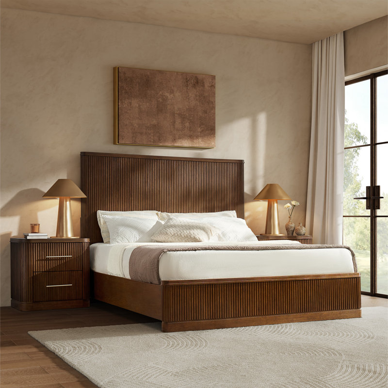 Graciana 60"H Modern Solid Wood Fluted Bed, Walnut, King