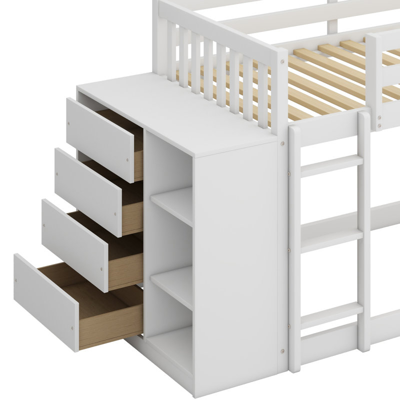 Lit superposé avec 4 tiroirs et 3 tablettes, Blanc