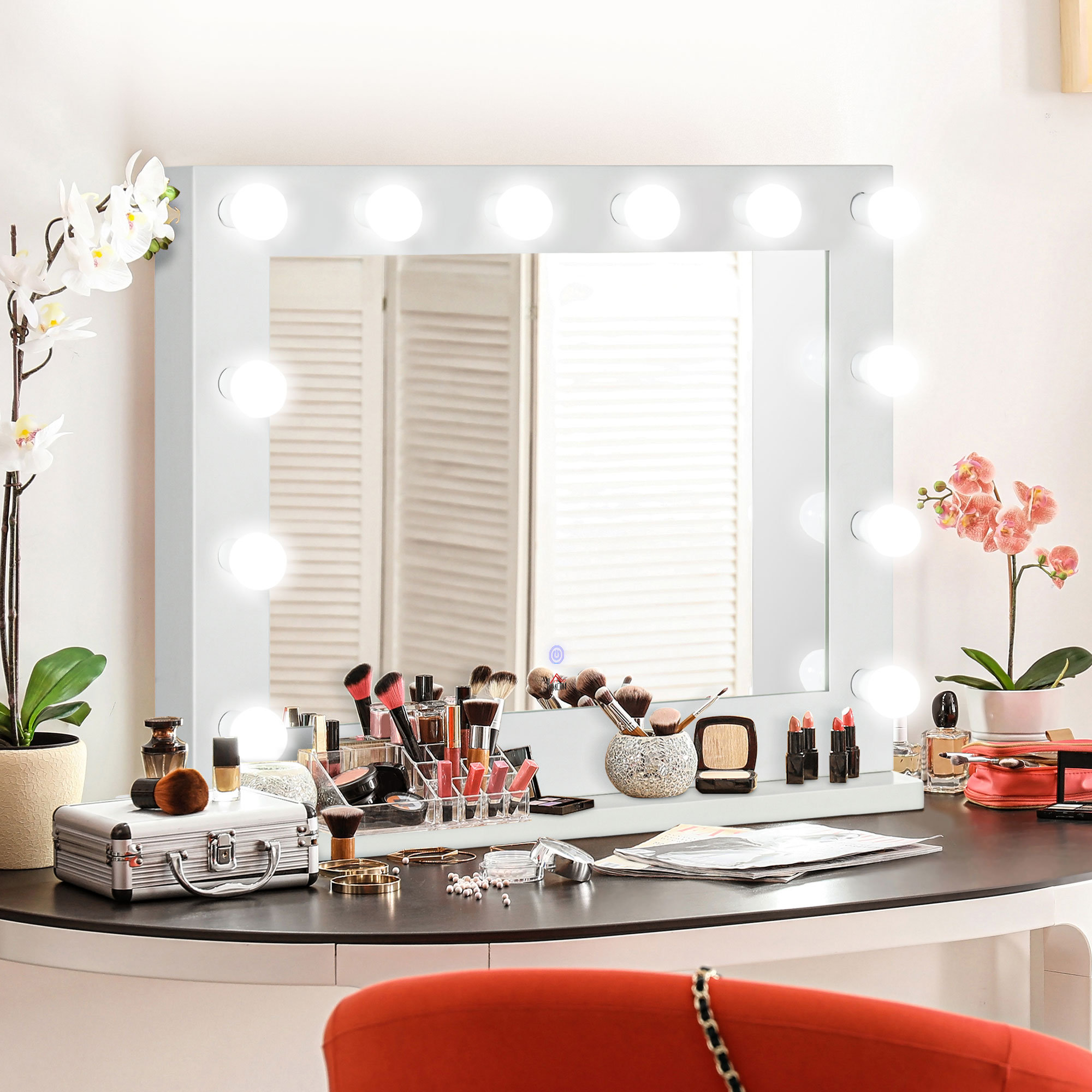  EMKE Hollywood Spiegel mit 3 Lichtfarben, Φ40CM Schminkspiegel  mit Beleuchtung, Smart-Touch Schminktisch Spiegel mit Licht 360° drehbar,  dimmbar und mit Memory-Funktion - Weiß