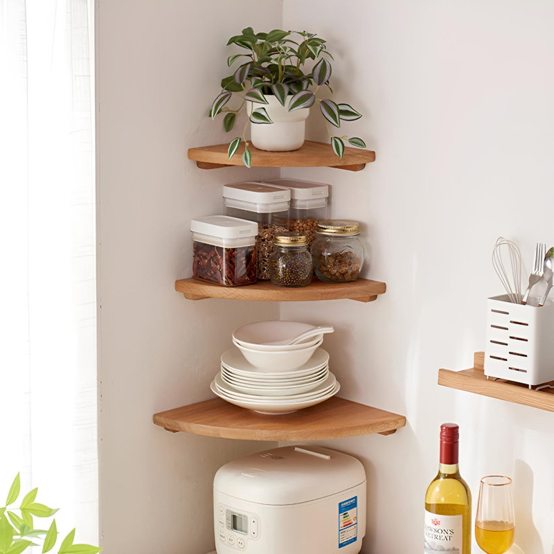 Corner Wall Shelf - Solid Wood Fan-Shaped Storage & Display, 0.66" H x 11.81" W x 11.81" D