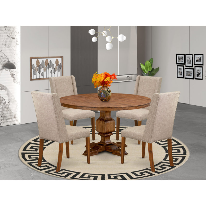 7 Piece Dining Set Consist of a Round Dining Table with Pedestal and 6 Dark Khaki Linen Fabric Upholstered Parson Chairs, Distressed Jacobean