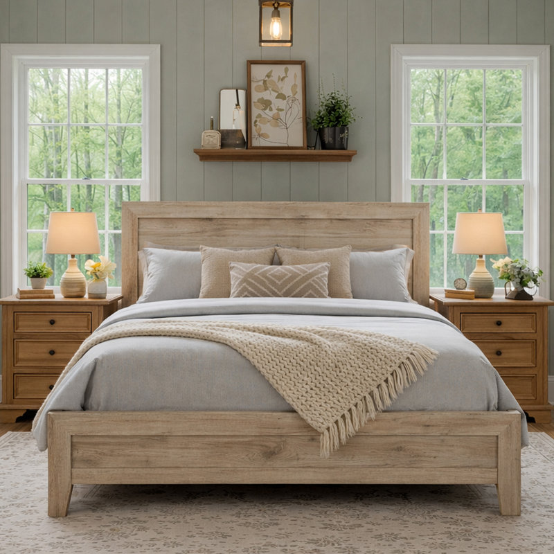 Structure de lit grand en bois massif avec tête et pied de lit, sommier à ressorts, design minimaliste rustique, naturel