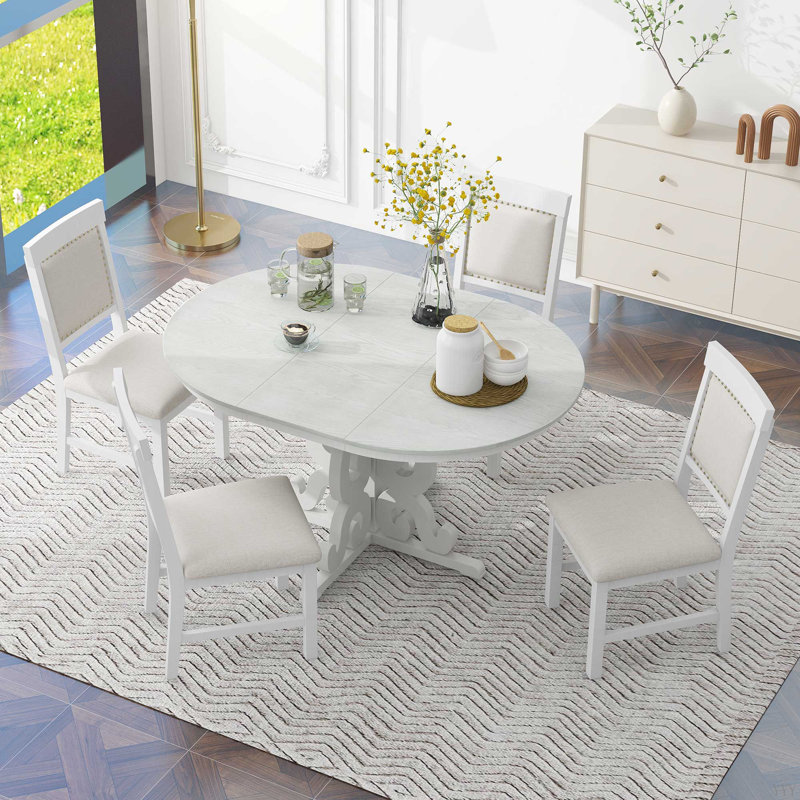 Driftor Retro Elegance Dining Set with Extendable Table and Upholstered Chairs, White/Antique White, Antique White