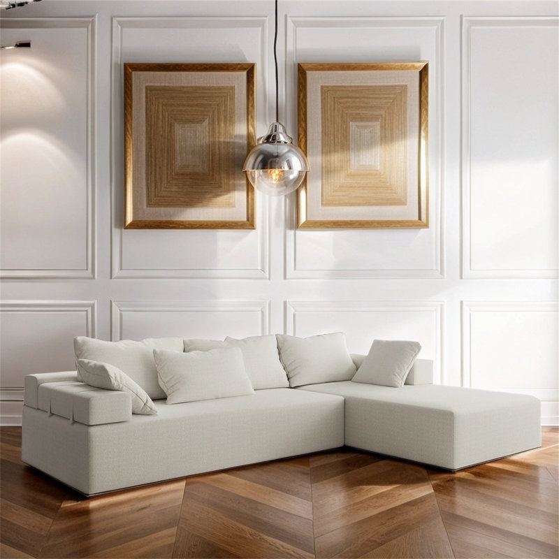 Boneless Upholstered Sectional Sofa, Ivory Chenille