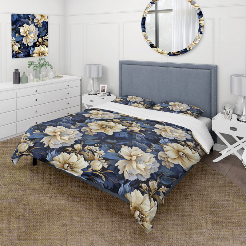 Literie de marguerites bleu foncé et blanches, Housse de couette simple + 1 taie décorative stan