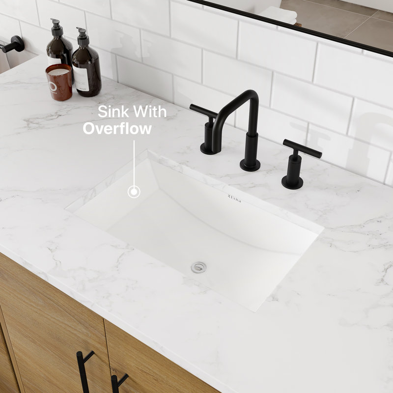 Meuble-lavabo en chêne Burtch l 60 po x P 22 po avec comptoir en pierre blanche Arabescato