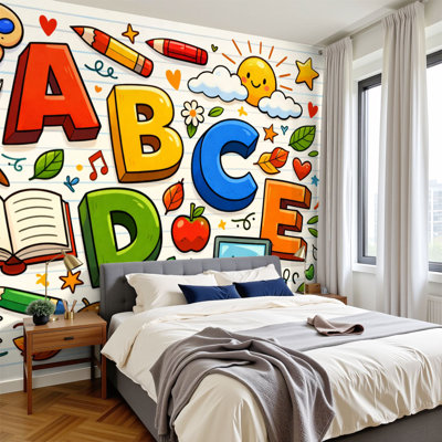 Kids Learning Peel and Stick Wallpaper for Classroom Colorful Alphabet Learning School Supplies Cute Cartoon Elements Wall Murals 100"H x 144"W Removable PVC Wall Paper Self-Adhesive Wall Decor for Bedroom Nursery