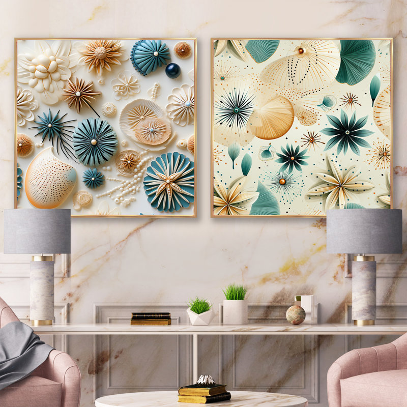 Cardere - Ensemble de 2 collages abstraits carrés, Cadre flottant doré, H 16 po x l 33 po