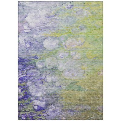 9' X 12' Artichoke Green Purple And Lilac Abstract Washable Indoor Outdoor Area Rug