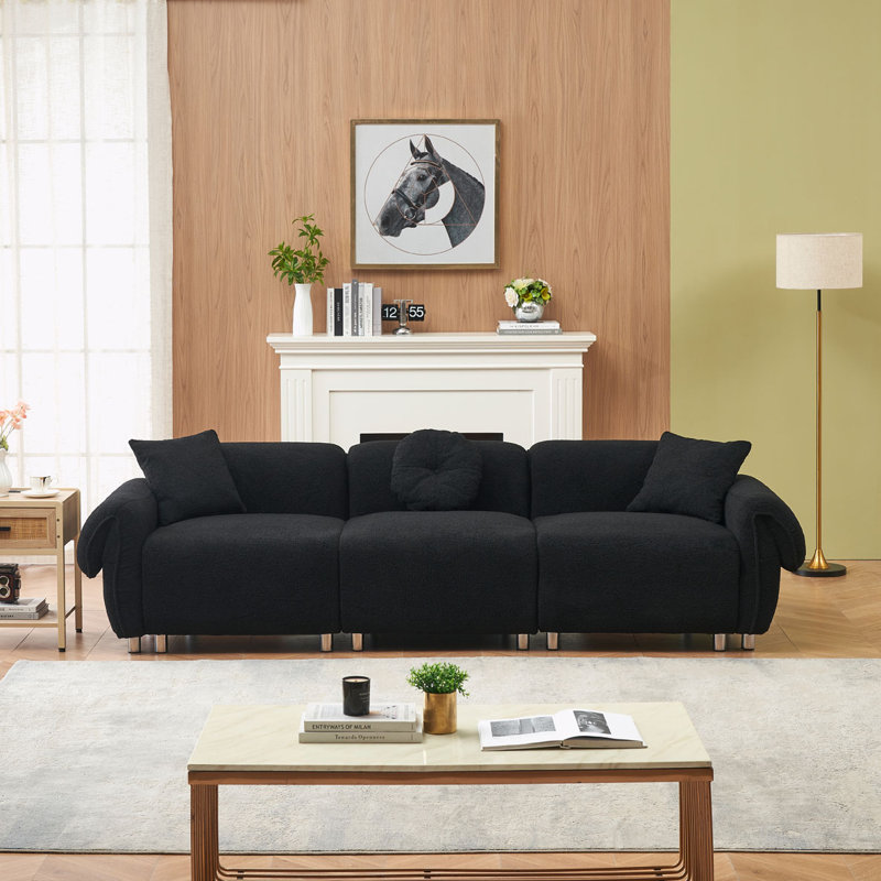 Ivy Bronx 112" Modern Curved Sofa, Back Upholstered Couch with 3 Decorative Throw Pillows, Black Teddy 