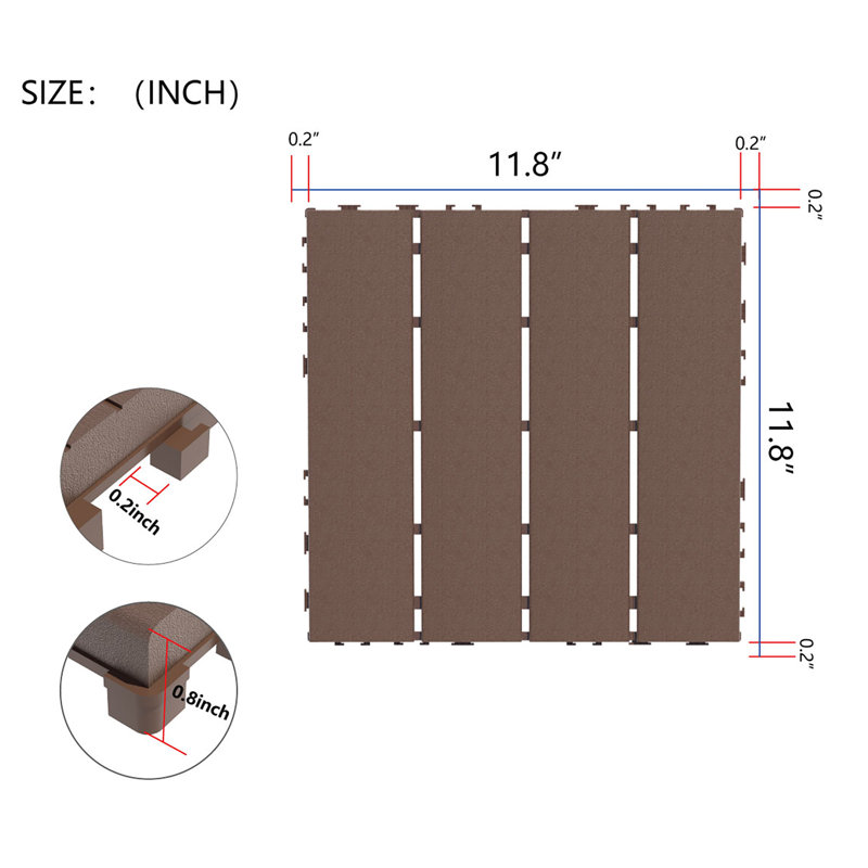 Carreaux de terrasse en plastique à emboîtement, 44 paquets de tuiles de terrasse, 12 pouces x 12 pouces imperméables pour une utilisation toutes saisons, tuiles de terrasse pour piscine, brun