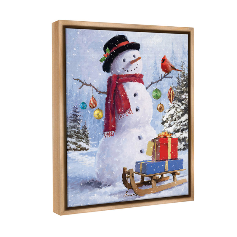 «Snowman With Gift Sled» par Jason Kirk sur toile, Cadre flottant orme Montalcino, H 31 po x l 25 po