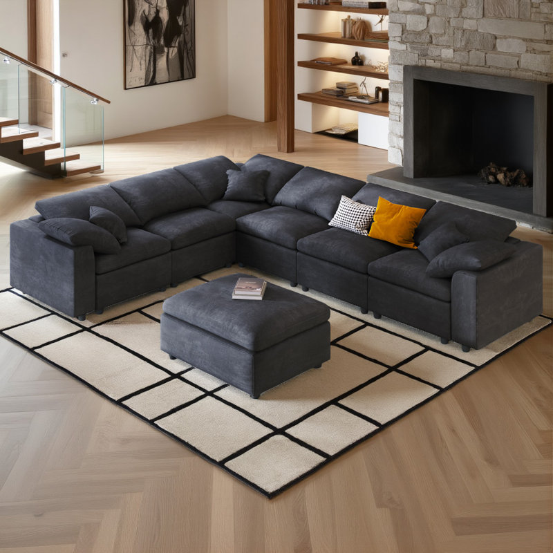 Canapé modulaire extra large de 129 po - Polyester tissé à losanges 7 places, Polyester gris