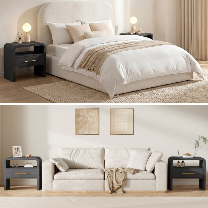 Auralis Curved Nightstand Set of 2 with Charging Station & LED Lighting, 23.7" Wide Organic Modern Side Tables with Drawer, Open Shelf Storage, Bedside Tables & End Tables