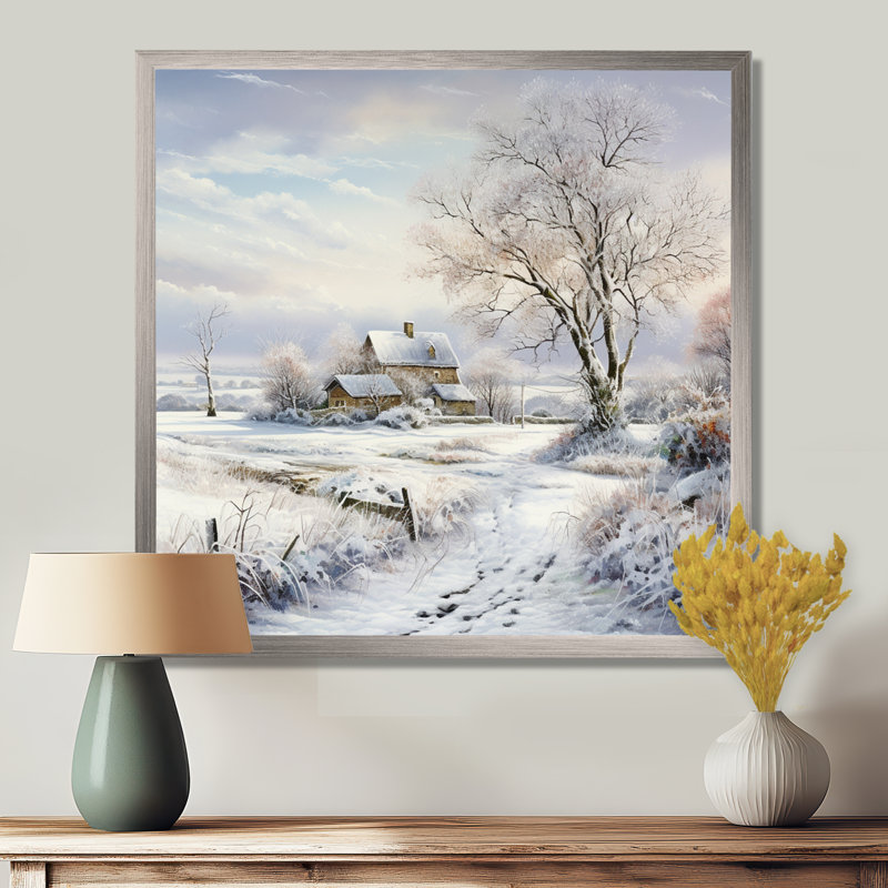 «Farmhouse Snow Winter Scenery» - art mural neige, H 36 po x l 36 po x P 1,5 po, Cadre simple argenté