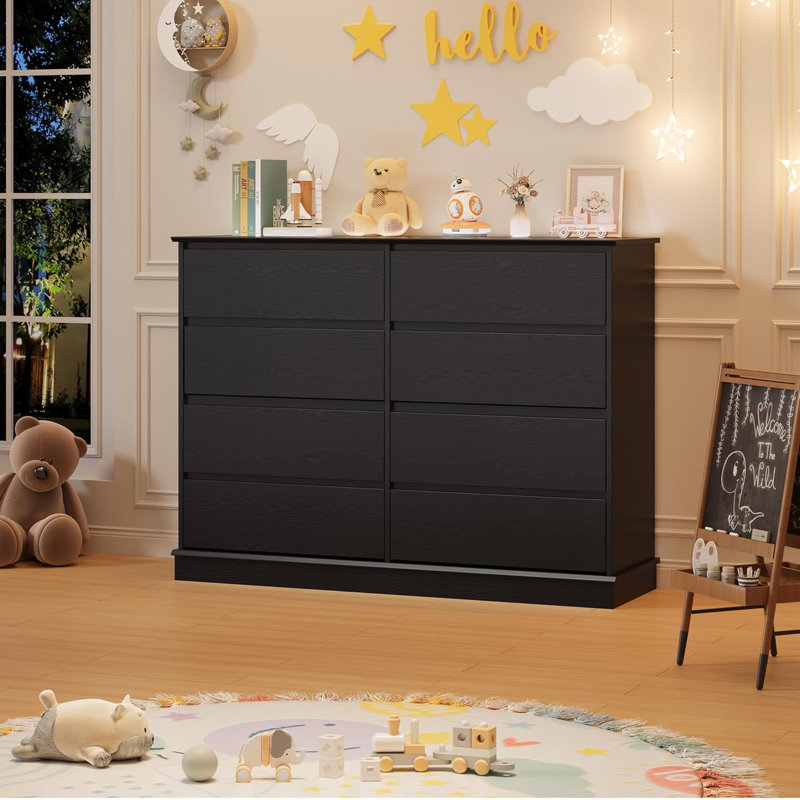 Commode à 8 tiroirs en bois - Grande commode de chambre à coucher avec rangement profond, plateau large pour le salon, le couloir ou la chambre d'enfant