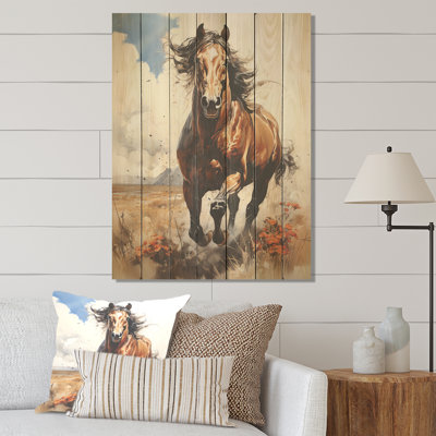Brown Horse Galloping In The Wild - Horse Animal On Wood Print