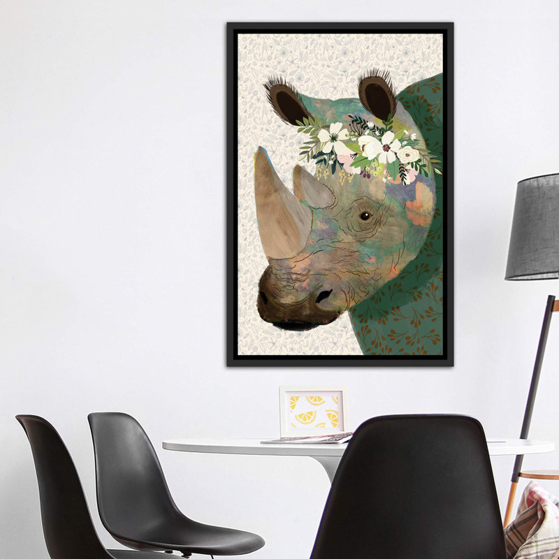 «Rhino» par Mia Charro - impression d'art graphique, H 60 po x l 40po x P 1,5 po, Toile avec cadre noir patiné