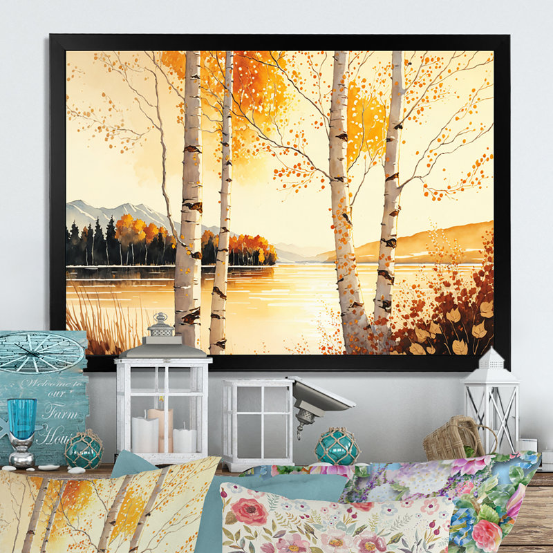 " Birch Trees During Golden Hour By The Lakeside VI ", Black Picture Framed, 12" H x 20" W x 1" D