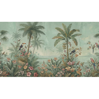Tropical Birds Wallpaper Muted Green Removable Wall Decor