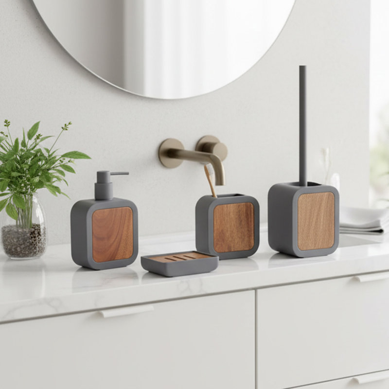 Ensemble d'accessoires de salle de bain 4 pièces en caoutchouc et bois, Gris