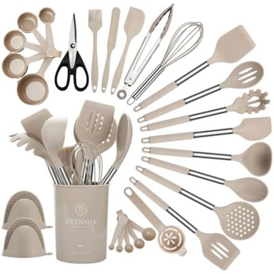 Silicone Cooking Utensils Set, 28 Pcs Non-Stick Kitchen Utensils Set with Holder, 446°F Heat Resistant Spatula, Tongs, Spoons Set with Stainless Steel Handle Kitchen Gadgets (Khaki)