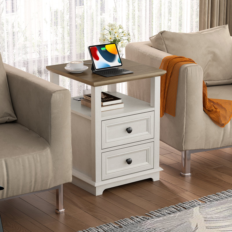 Bijal 2 - Drawer End Table and Built-In Outlets, Brown/White