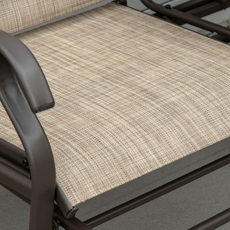 Outdoor Glider Bench With Table - Metal Frame Patio Brown. Double Gliding Relax, Breathable Fabric Chairs, Steel Garden Center , Brown Delight, For And Porch