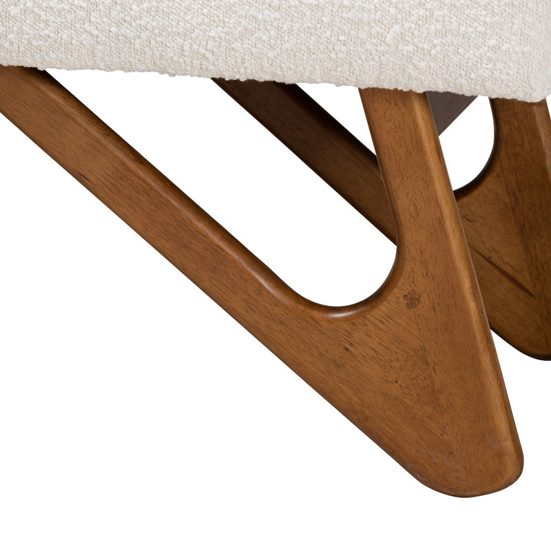Cream Boucle Fabric and Walnut Wood Bench with Button-Tufted Seat