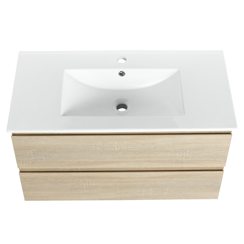 Armoire de salle de bain 36 po avec lavabo en céramique à fixation murale, 2 tiroirs, contreplaqué, design épuré, 36"