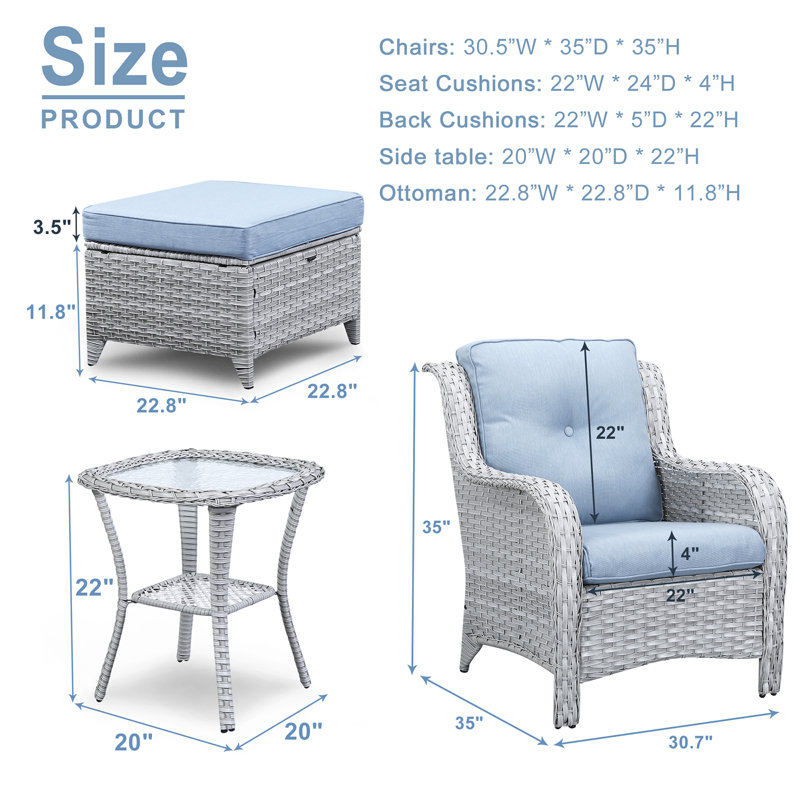 Schutt Wicker 2 - Person Patio Conversation Set with Cushions, Gray, Baby Blue