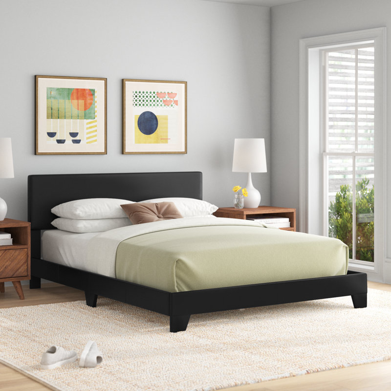 Avel Simple Rectangular Upholstered Platform bed, Queen, Black Faux Leather