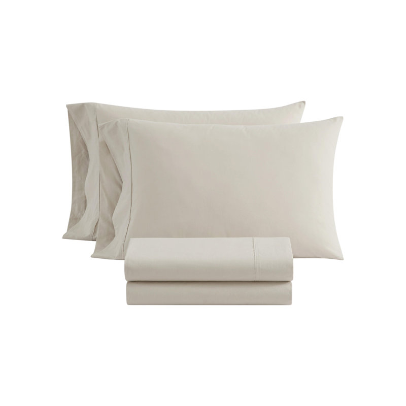 Martha Stewart Skylands Solid Cotton Percale Sheet Set, Queen Sheet Set with 2 Pillowcases, White